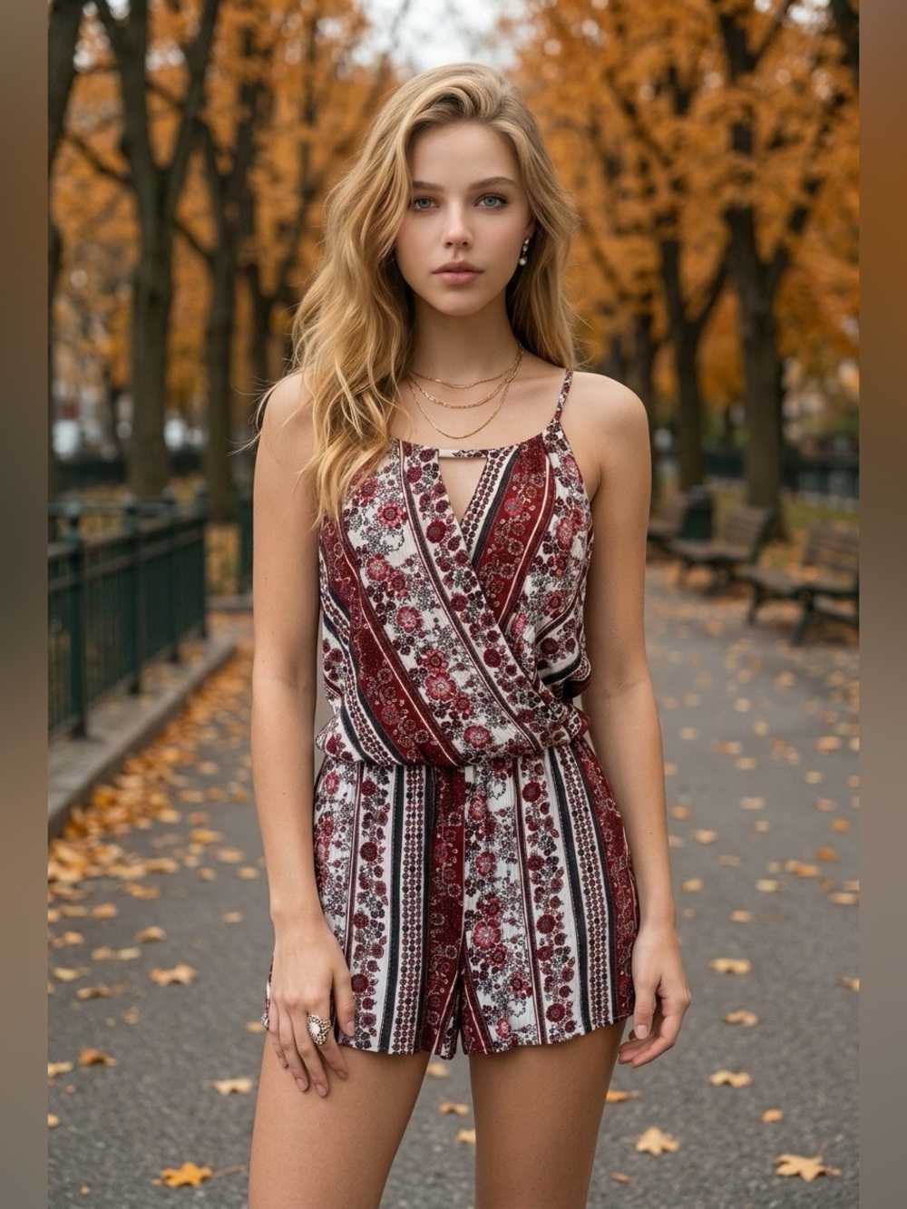 BCX Brown and White Floral Striped Romper